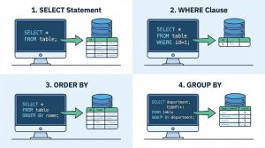 1. SELECT Statement, 2. WHERE Clause, 3. ORDER BY, and 4. GROUP BY